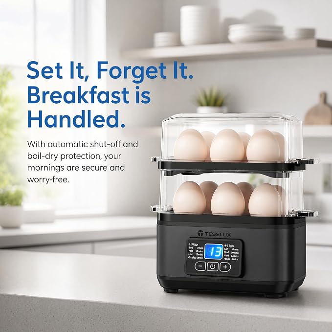 Tesslux Egg Cooker, Dual Layer 12 Egg Boiler, Soft Hard Poached, Black | LED Countdown Timer, Touch Control, Poaching Bowl, Omelet Maker, Two Trays, Vegetable Steamer, Auto Shut-Off, Buzzer Alert