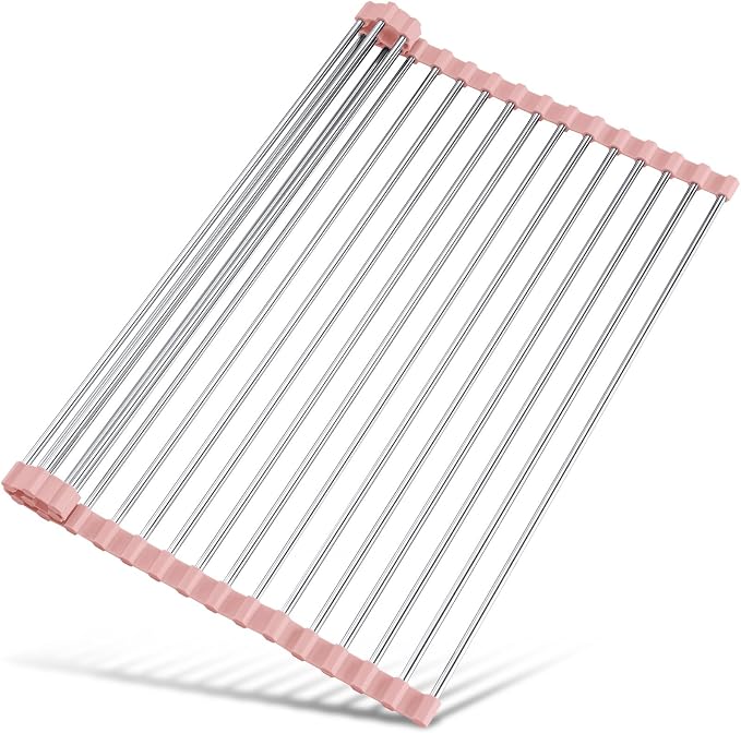 Tomorotec Roll Up Dish Drying Rack Over Sink, 304 Steel, 21x15.5, Pink | Anti-Slip Silicone Rims For Grip, Heat-Resistant Trivet Mat Holding Heavy Cookware, Rustproof Kitchen Counter Space Saver