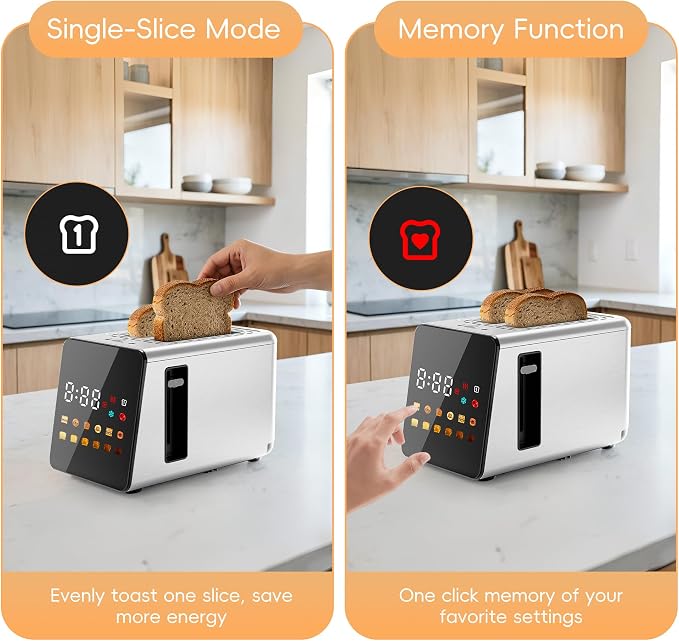 WUNLY Smart Touchscreen 2 Slice Toaster, Wide Slot, Memory & Single-Slot | Digital Timer, Extra Wide Slot for Bagels, 6 Shade Levels & 6 Bread Settings, Reheat, Defrost, Favorite, Platinum