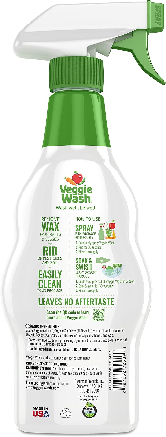 Veggie Wash Organic Fruit and Vegetable Wash, 16 Fluid Ounce | Ideal for Cleaning Produce, Vegan, Plant-Derived Ingredients, Unscented, No Parabens or Harsh Surfactants, Packaging May Vary