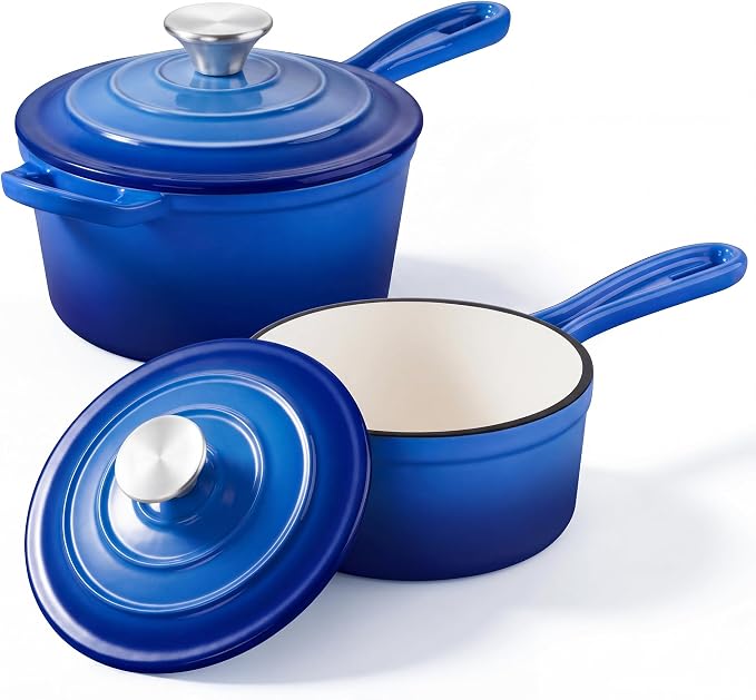 Leonyo 1Qt & 2Qt Saucepan Set, Cast Iron Dutch Oven Kitchen Pot, Dark Blue | For All Cooktops Cooking Pasta, Milk, Oatmeal - Up to 500°F & Nonstick