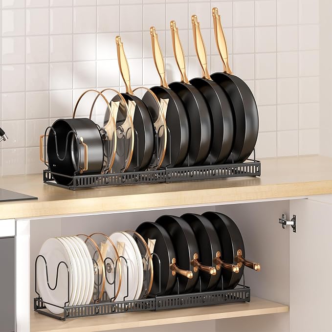 MUDEELA Expandable Pot Pan Lid Organizers inside Cabinet, 10 Divider-Black | Expandable 11.8–22.9", 10 Adjustable Divider, Tool-Free Assembly, Non-Slip, Scratch-Proof, For Pan Lid Cutting Board Bakeware