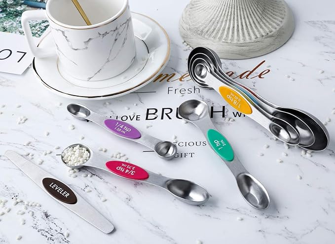 Magnetic Measuring Spoons Set Stainless Steel Dual Sided Measuring Spoons | Stackable Teaspoons Tablespoons for Measuring Dry and Liquid Ingredients
