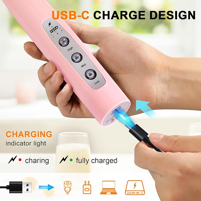 YUSWKO Handheld Milk Frother Wand for Coffee, Rechargeable Electric Whisk with 3 Heads 3 Speeds Drink Mixer Coffee Frother For Latte, Cappuccino, Hot Chocolate, Egg, Pink with Holder