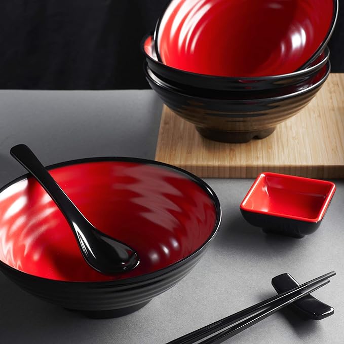 Unbreakable Ramen Bowl Set with Chopsticks and Spoon: 1 large Japanese Style Melamine Ramen Bowl, Dipping Bowl and Chopsticks and Stand for Asian Pho Soup Thai Miso Udon Wonton (1 Bowl Set, Red-Black)
