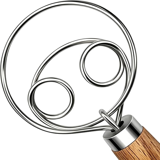 TEEVEA Danish Dough Whisk Stainless Steel Wooden Handle for Sourdough Bread | 4-Loop Food-Grade Steel Dutch Whisk, Even Mixing, Replaces Dough Hook and Mixing Spoon, Nonstick Easy Clean, Sourdough Mixer