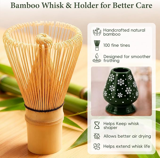 Matcha Whisk Set, Ceramic Matcha Set Includes Bowl & Holder, Bamboo Whisk (Chasen), Scoop, Spoon and Sifter, 6Pcs Matcha Kit Covers Everything Needed for Making Matcha