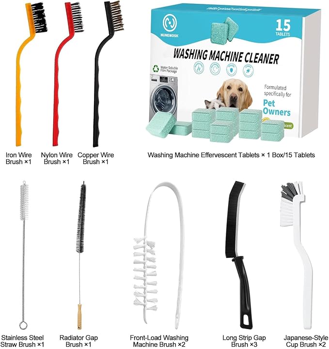 Washer Machine Cleaner Tablets 15 Pcs + Dryer Vent Cleaner Kit 12 Pack | Crevice Cleaning Brush for Bathroom, Shower & Kitchen, All-in-One Multi-Surface Scrubbing Brushes,Formulated for Pet Owners