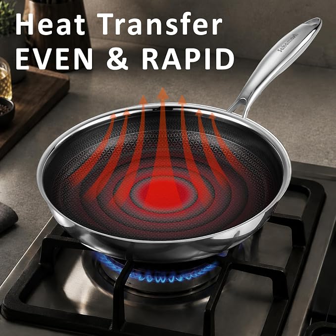 SAKAMOSH 8" Hybrid Nonstick Frying Pan, Stainless Steel, Induction Safe | PFAS/PFOA/PTFE-Free Ceramic Pan, Dishwasher & Oven Safe, Stay-Cool Handle,Compatible with All Cooktops