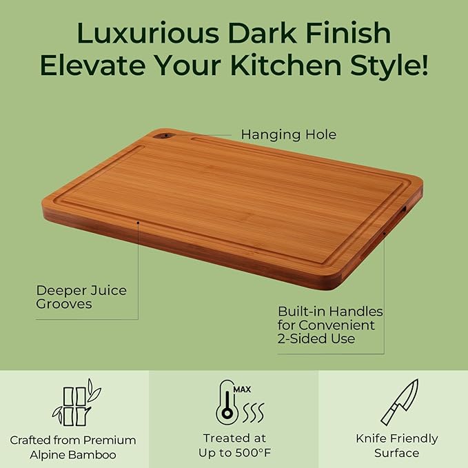 Keechee Carbonized Bamboo Cutting Board Set of 4, Kitchen Prep Boards | Non Toxic, Resisted-Cracking&Curling, Deep Juice Groove, Side Handles,Cross-Laminated Structure, Knife-Friendly