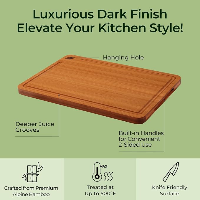 Keechee Carbonized Bamboo Cutting Board Set of 2, Wood Kitchen Boards | Non Toxic, Resisted-Cracking&Curling, Deep Juice Groove, Side Handles,Cross-Laminated Structure, Knife-Friendly