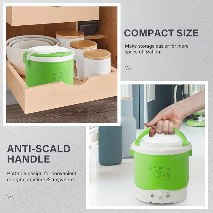 OSBA 12V Rice Cooker for Car 1L Mini Rice Cooker with Steamer, Green | 2Cup Portable Travel Rice Cooker for 1-2 People, Cooking Heating & Auto Keeping Warm Function, Used as an Electric Lunch Box