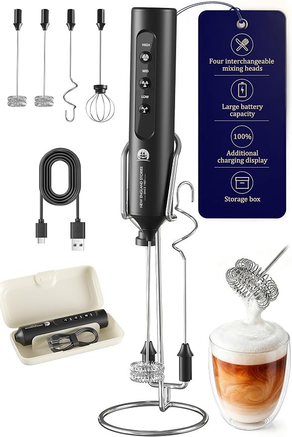 Rechargeable Milk Frother with Stand, 4 Interchangeable Whisks & Travel Case – Handheld Mixer for Lattes, Matcha, Hot Chocolate, Eggs & Protein Shakes