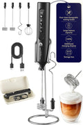 Rechargeable Milk Frother with Stand, 4 Interchangeable Whisks & Travel Case – Handheld Mixer for Lattes, Matcha, Hot Chocolate, Eggs & Protein Shakes