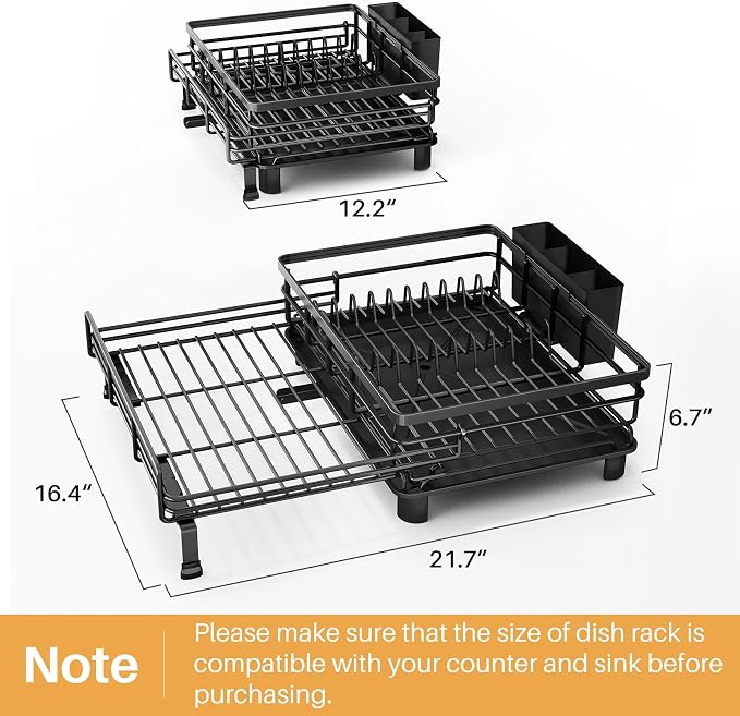 Expandable Dish Drying Rack for Kitchen Counter, Stainless Steel, Black | Foldable Over Sink, Large Capacity, Adjust to Fit Most Sinks, Angled Drainboard, Removable Utensil Holder, Slip Resistant