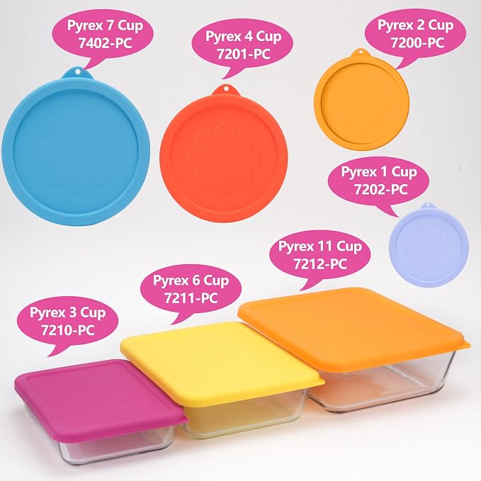 LUVCOSY 1 Cup 2 Cup 3 Cup 4 Cup 6 Cup 7 Cup 11 Cup Round & Rectangle Silicone Storage Cover Lids Replacement for Pyrex Glass Bowls, 7 Pack, Microwave, Dishwasher and Freezer Safe