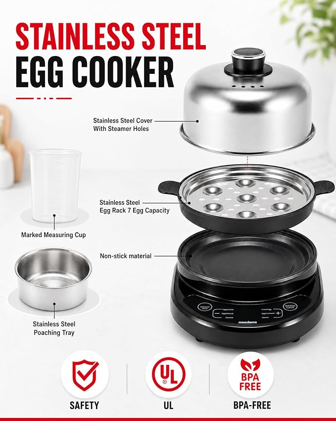 Rapid Egg Cooker, Stainless Steel Electric Egg Steamer for Hard and Soft Boiled Eggs, Fried Egg and Omelet Maker, Auto Shut-Off, Dishwasher-Safe Parts, BPA-Free, Holds 7 Eggs, Black