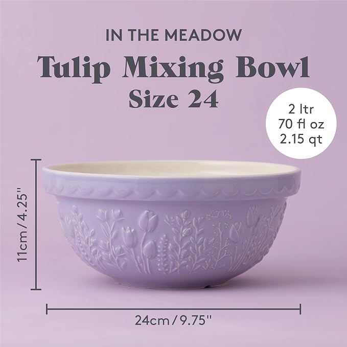 Mason Cash In the Meadow S24 Mixing Bowl, 2.15 Quart Mixing Bowl, Embossed Floral Tulip Design, Durable Ceramic Bowl for Baking Bread Dough, Cake Batter, Cookies & Kitchen Serving Bowl