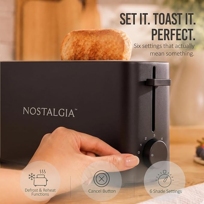 Nostalgia Slim 2-Slice Toaster – Wide Slot – Space-Saving Design – Adjustable Browning Dial – 10-inch Long Slot Fits 2 Slices of Bread or Bagel Halves – Drop-down Crumb Tray – Blackberry