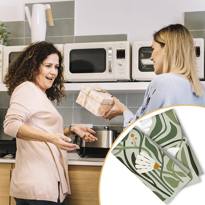 Abstract Boho Sage Green Floral Kitchen Towels Set of 2, 70s Retro Groovy Boho Botanical Dish Tea Towels for Kitchen Decor, Mid Century Modern Hand Towels for Bathroom Decor, 16x24 Inch