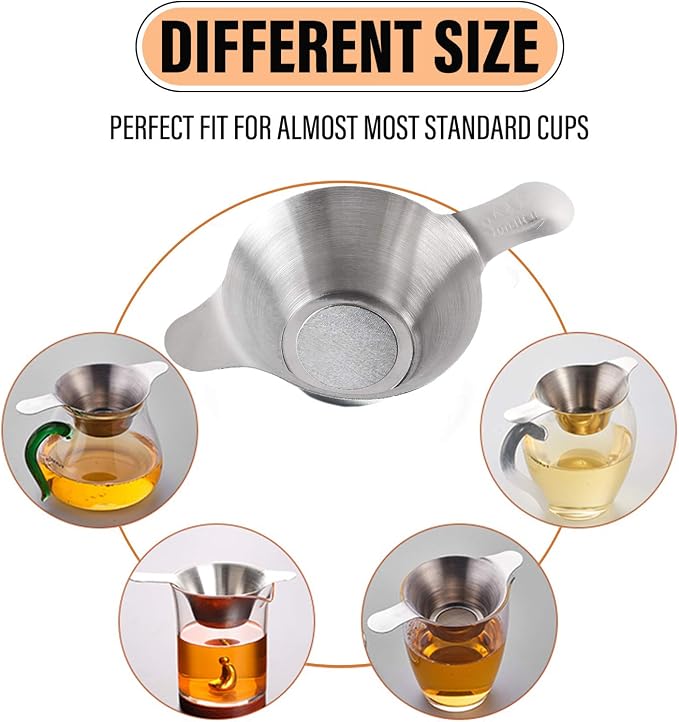 AUEAR, 2 Pack Different Size Stainless Steel Mini Strainer Fine Mesh Tea Funnel Coffee Filter with Double Handles