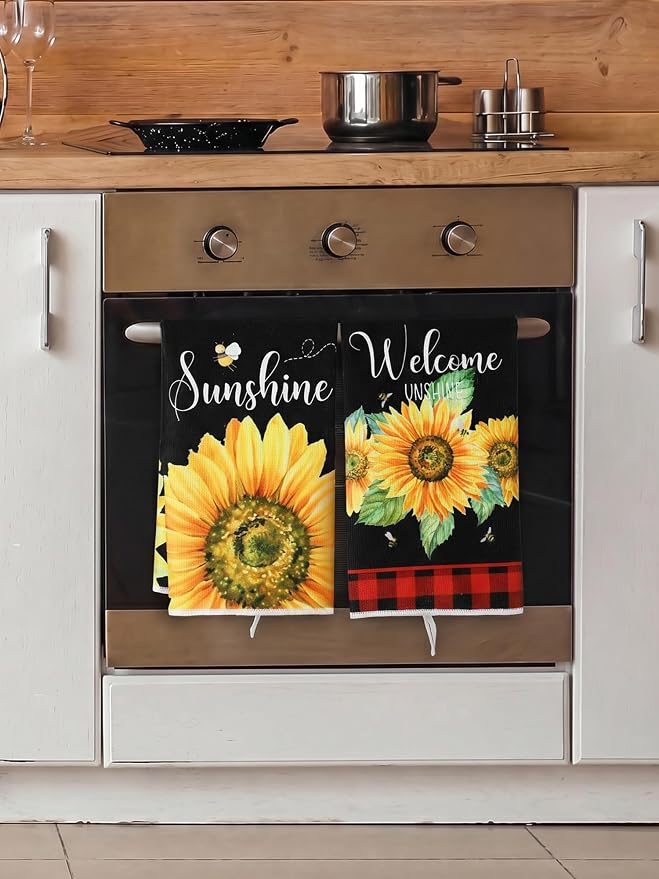4 Pcs Sunflower Kitchen Towels Red Black Hand Dish Towels Gifts | Floral Absorbent Sunshine Grid Fast Drying Decor Housewarming Gift for Cooking Bathroom Kitchen Decor