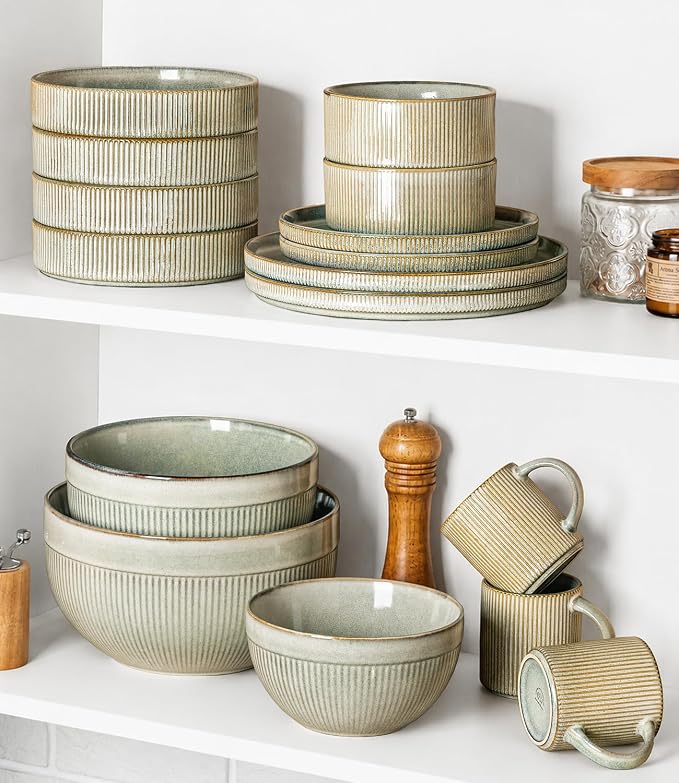 GBhome Ceramic Mixing Bowls Set of 3, Stoneware Nesting Serving Bowls, | 45/90/150 oz For Prep, Baking, Serving, Gift, Microwave and Dishwasher Safe, Ribbed Dishware Collection,Desert Sage