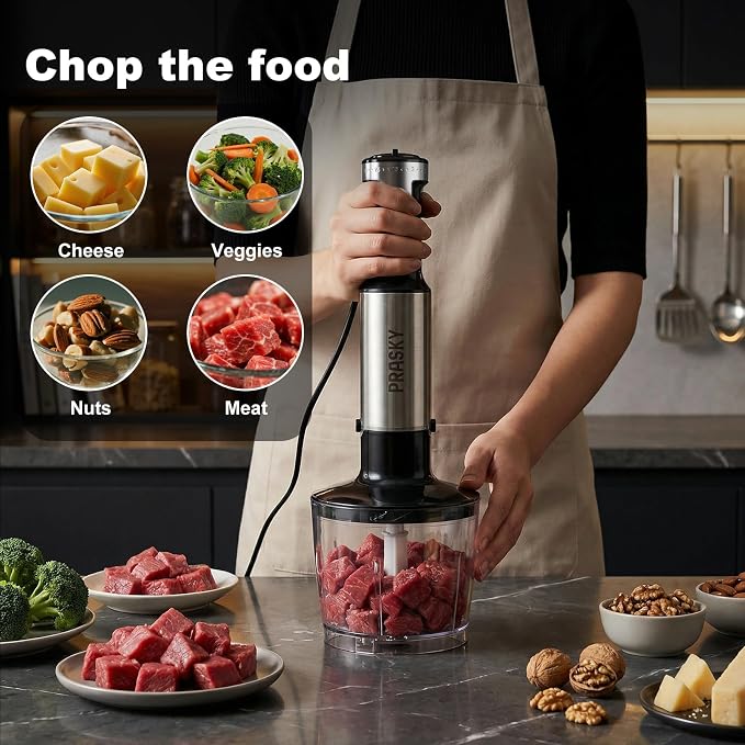 Immersion Blender Handheld 1200W, 20-speeds, 5-in-1 Handheld Mixer | Mining Beaker,Chopper,Whisk, Frother and Stick Blender Suitable for Kitchen, Protein Shakes and Baby Food - Silver