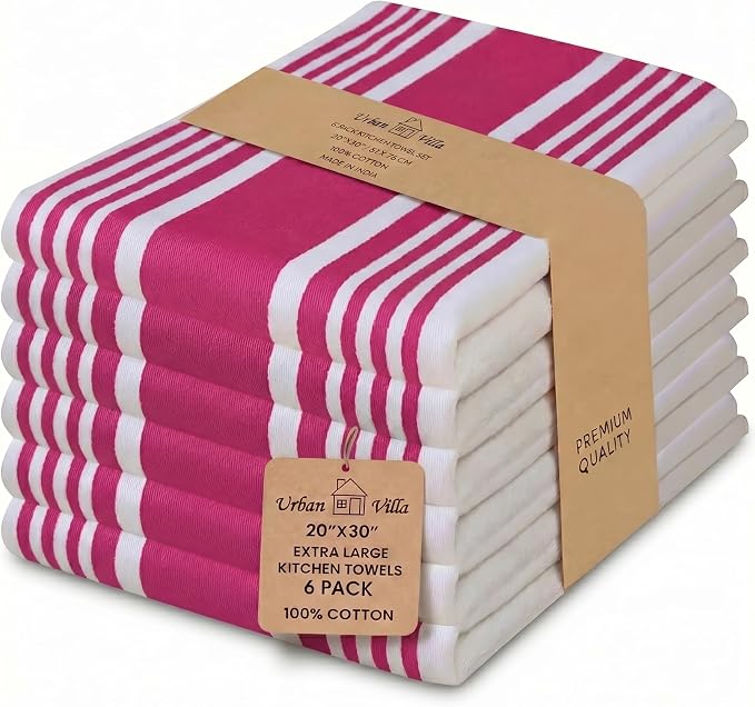 Urban Villa Kitchen Towels Cotton Dish Towel 20”x30” (Set of 6) Fuchsia White