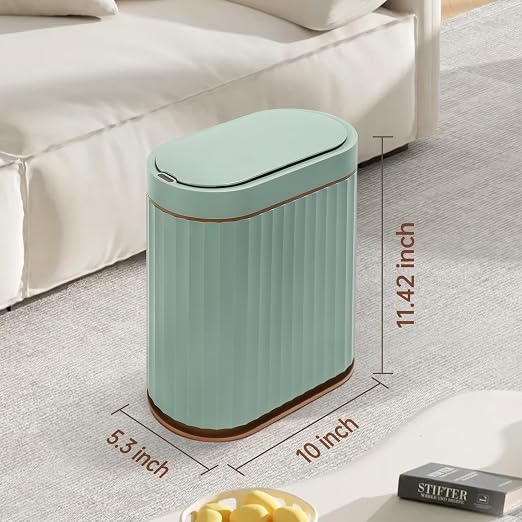 ELPHECO Bathroom Trash Can with Automatic Lid, 2 Gallon, Sage Green Gold | Motion Sensor Wastebasket, Smart Garbage Can, IPX5 Waterproof Slim Trash Bin for Office, Kitchen and Bathroom