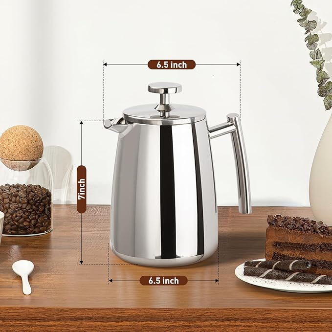 Secura French Press Coffee Maker, 17-Ounce, 304 Stainless Steel Insulated Coffee Press with Extra Screen