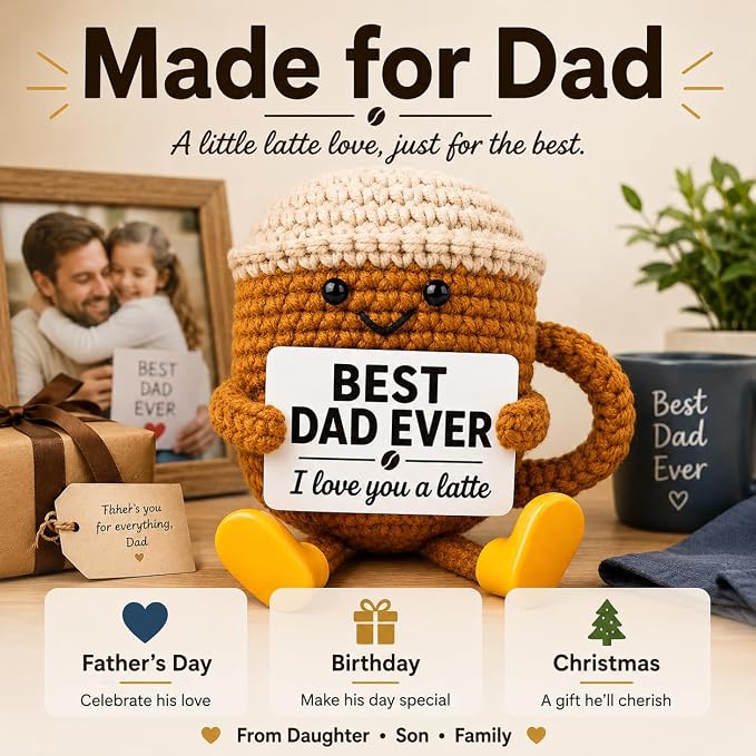 Fathers Day Gift for Dad from Daughter Son, Dad Gifts Crochet Coffee Cup, Best Dad Ever I Love You Handmade Crochet Decor, Birthday Christmas Coffee Lover Gifts for Daddy Papa
