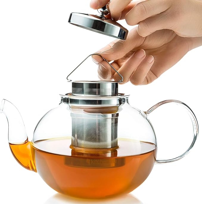 Glass Teapot Set with 4 Double Wall Tea Cups & Removable Stainless Steel Infuser, 35oz/1000ml Borosilicate Tea Kettle Stovetop Safe, Loose Leaf & Blooming Tea Maker Gift Set for Women