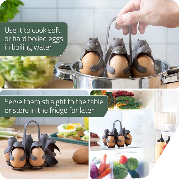 PELEG DESIGN Eggbears 3-in-1 Cook, Store and Serve Egg Holder, Bear-Shaped Boiled Egg Cooker for Making Soft or Hard Boiled Eggs, Eggies, Holds 6 Eggs for Easy Cooking and Fridge Storage