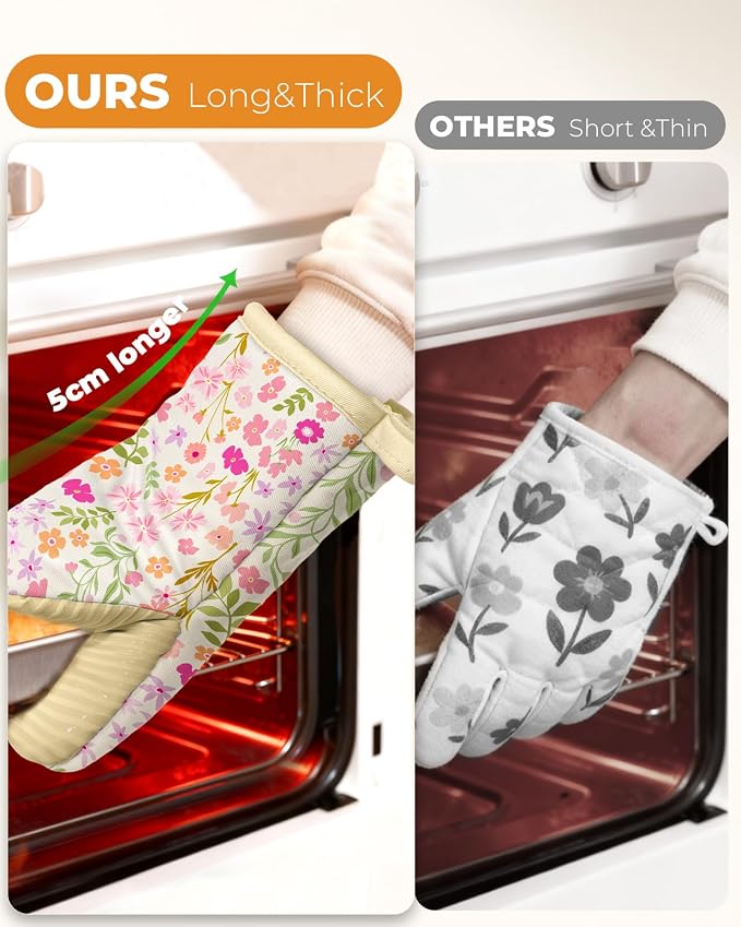 100% Thick Cotton Mini Oven Mitts Silicone Grip Spring Floral | Girly Cute Oven Mitts for Women, Machine Washable, Non-Slip, Reversible Design Fits Both Hands, Stylish Kitchen Decor