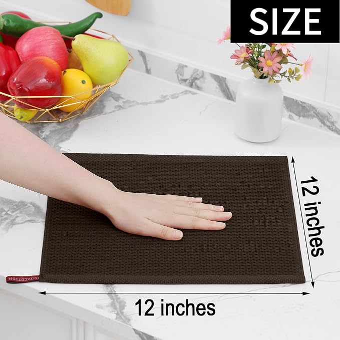 Homaxy 100% Cotton Waffle Weave Kitchen Dish Cloths, 7-Pack, Dark Brown | 12 x 12 Inches, Ultra Soft Absorbent Dish Towels, Quick Drying Dish Rags with Hanging Loop