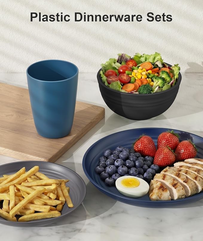 Quatish 24 Pcs Unbreakable Plates and Bowls, Plastic Dinnerware Sets for 6, Reusable Dish Set for Camping, Dishwasher Microwave Safe, Outdoor Kitchen and Apartment Dinning RV Essentials, Blue