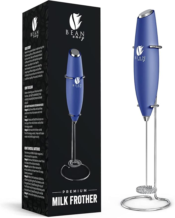 Bean Envy Milk Frother Handheld - Coffee Mixer Wand with Stand - Blue | Battery Operated, Stainless Steel Whisk, 19000 RPM, Protein Powder Blender, Electric Stirrer, Mini Foamer