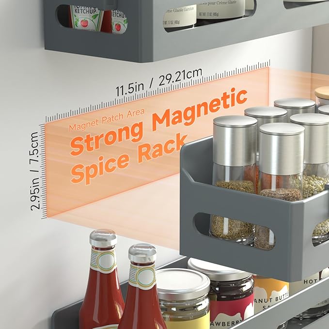 4-Pack Magnetic Spice Rack for Refrigerator with Hooks, Grey | Strong multipurpose magnetic shelf for kitchen & bathroom organization. Includes 4 removable hooks for hanging items.