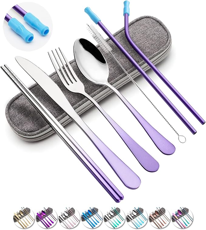 Travel Utensils Set with Case Reusable Portable Cutlery Set Stainless Steel 8pcs Including Dinner Knife Fork Spoon Chopsticks straws (Gradient Purple) | Dishwasher Including Dinner Knife Fork Spoon Chopsticks Straws Travel Fork Spoon Knife for Work, Ca...