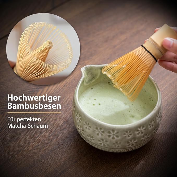 Buucup Matcha Whisk Set, Ceramic Matcha Kit Set with Bowl & Tools, Green | 7-piece set includes ceramic bowl, bamboo whisk, scoop, holder, rest, sifter and tea towel for authentic matcha preparation.