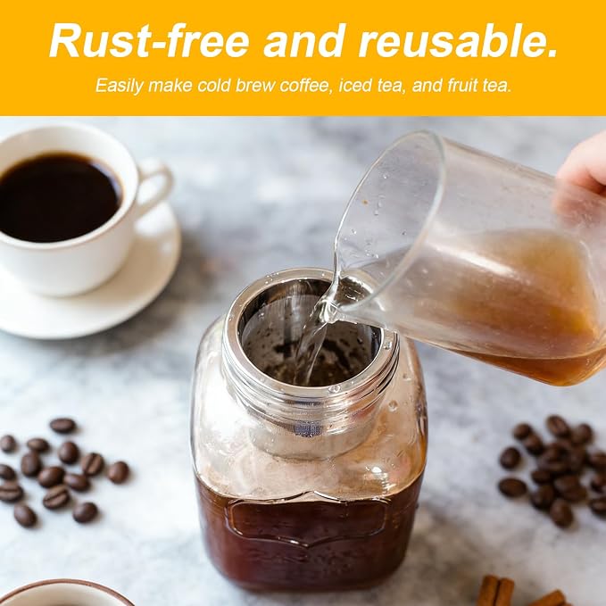 2 Pack 304 Stainless Steel Cold Brew Coffee Filter, Ultra-Fine Mesh Strainer for 1-2 Quart Wide Mouth Mason Jars, Seal Ring Design for Tea Fruit Infused Water