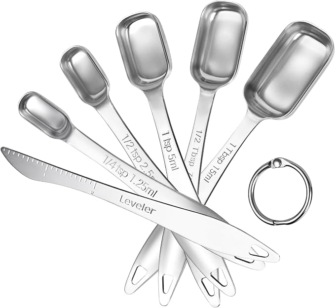 U-Taste Narrow Square Measuring Spoons, Metal Measure Set of 6 with Leveler | Long Handle Rectangular Teaspoon Tablespoon, 18/8 Stainless Steel Polygons Measure Spoon Set, Narrow Scoop for Spice Jars