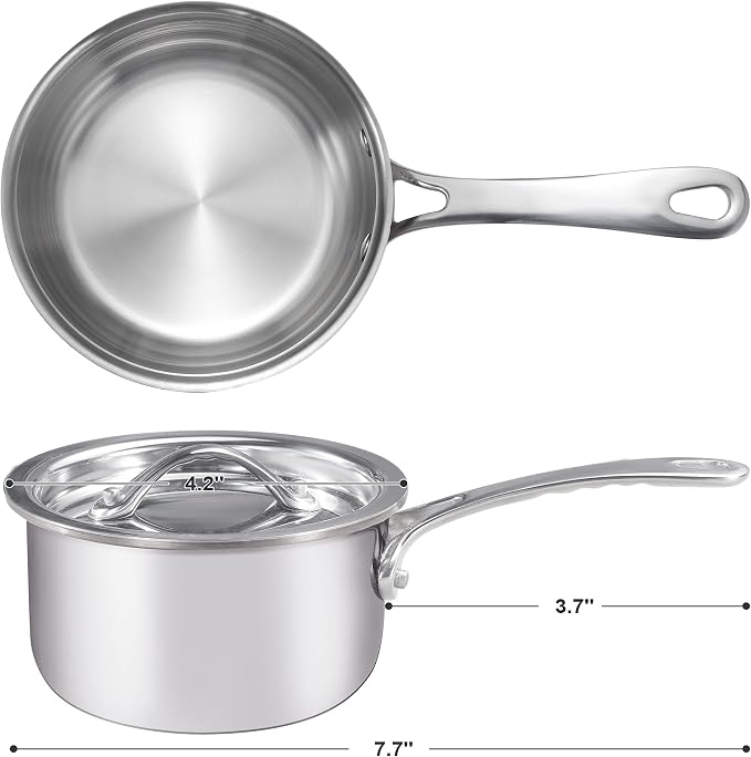 Mini Sauce Pan with Lid, Tri-Ply Stainless Steel Pot with Stay-Cool Handle & All Cooktop Compatibility (Gas, Ceramic, Electric) - Silver