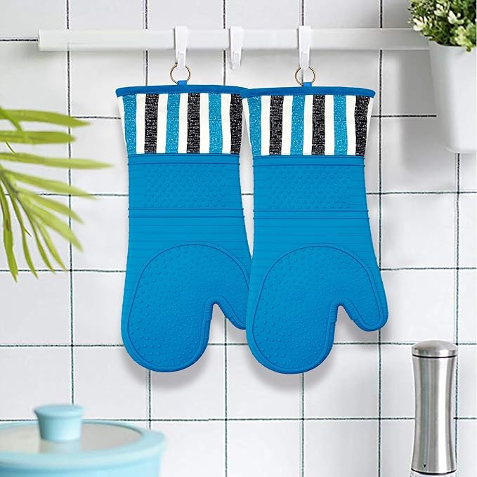 Heat Resistant 550 Degree Oven mitt, Silicone Oven Hot Mitts - 1 Pair, Extra Long Professional Baking Oven Gloves - Food Safe,Pot Holders Cooking,Grilling,Kitchen (Navy)