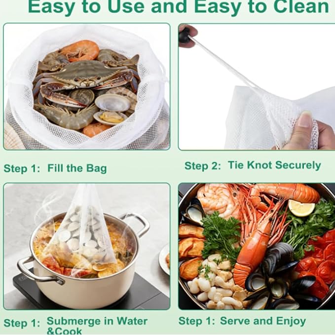 Reusable Seafood Boil Bags, 6-Pack 14 x 16 Inch Nylon Mesh Bags | Six 14 x 16 inch nylon bags for grouping shellfish seafood boil ingredients and storing fruits, vegetables and other produce.