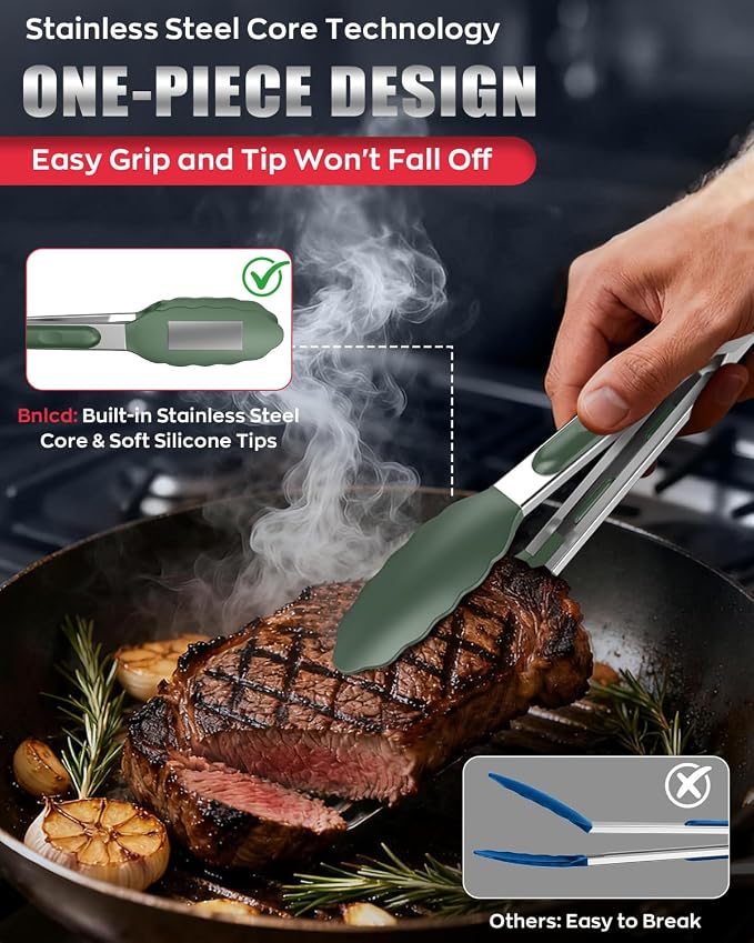 Good Grip Cooking Tongs with Silicone Tips, Set of 3-7" 9" and 12" | 600ºF Heat Resistant, 5-Layer Heavy Duty Stainless Steel, Pull Lock, Non Stick - Kitchen Tongs for Salad, Cooking and Frying