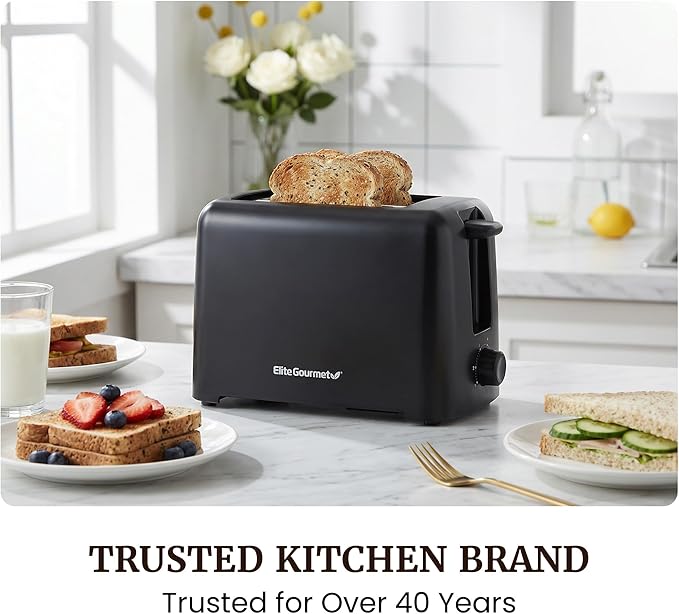 Elite Gourmet 2-Slice Cool-Touch Toaster, Extra-Wide 1.25" Slots, Black | 6 Browning Levels, Fits Bagels & Thick Bread, Cancel Function, Compact & ETL Certified