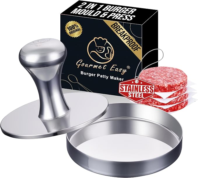 Gourmet Easy Hamburger Press Patty Maker & Smash Burger Press, 2-in-1 Combo | Heavy Duty Burger Mold with Patty Liner, Easy-Clean Design, Premium Mirror Polished, Dishwasher Safe, 5-Year Warranty