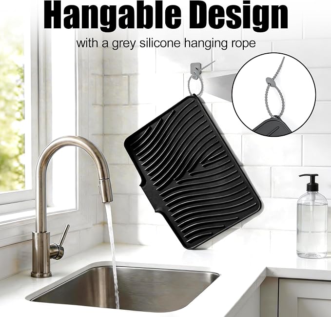 TIKNIK Silicone Dish Drying Mat for Kitchen Counter, Black-1pc, 20" x 15" | Heat Resistant & Non-Slip Dish Drain Pad with Built-In Drain, Dishwasher Safe, Quick-Dry, Hangable & Roll-Up for Storage